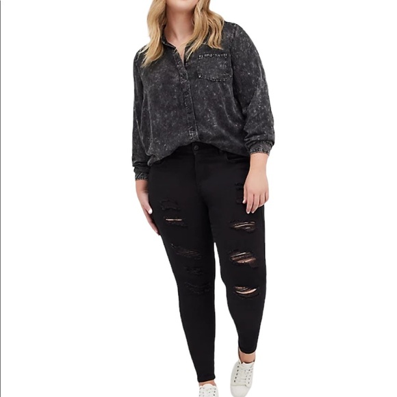 Torrid Black Mineral Wash Collared Button Down LongSleeve Shirt- 1 1X 14/16 NWT - Picture 4 of 6